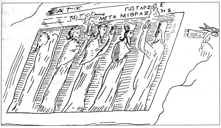 نقاشی شاردن از سنگ نگاره مهرداد دوم پیش از تخریب